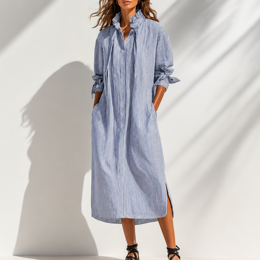 Verlyn – Striped Ruffle-Neck Long-Sleeve Midi Dress