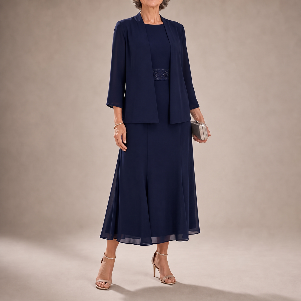 Elowen – Sleeveless Beaded-Waist Chiffon Dress With Jacket