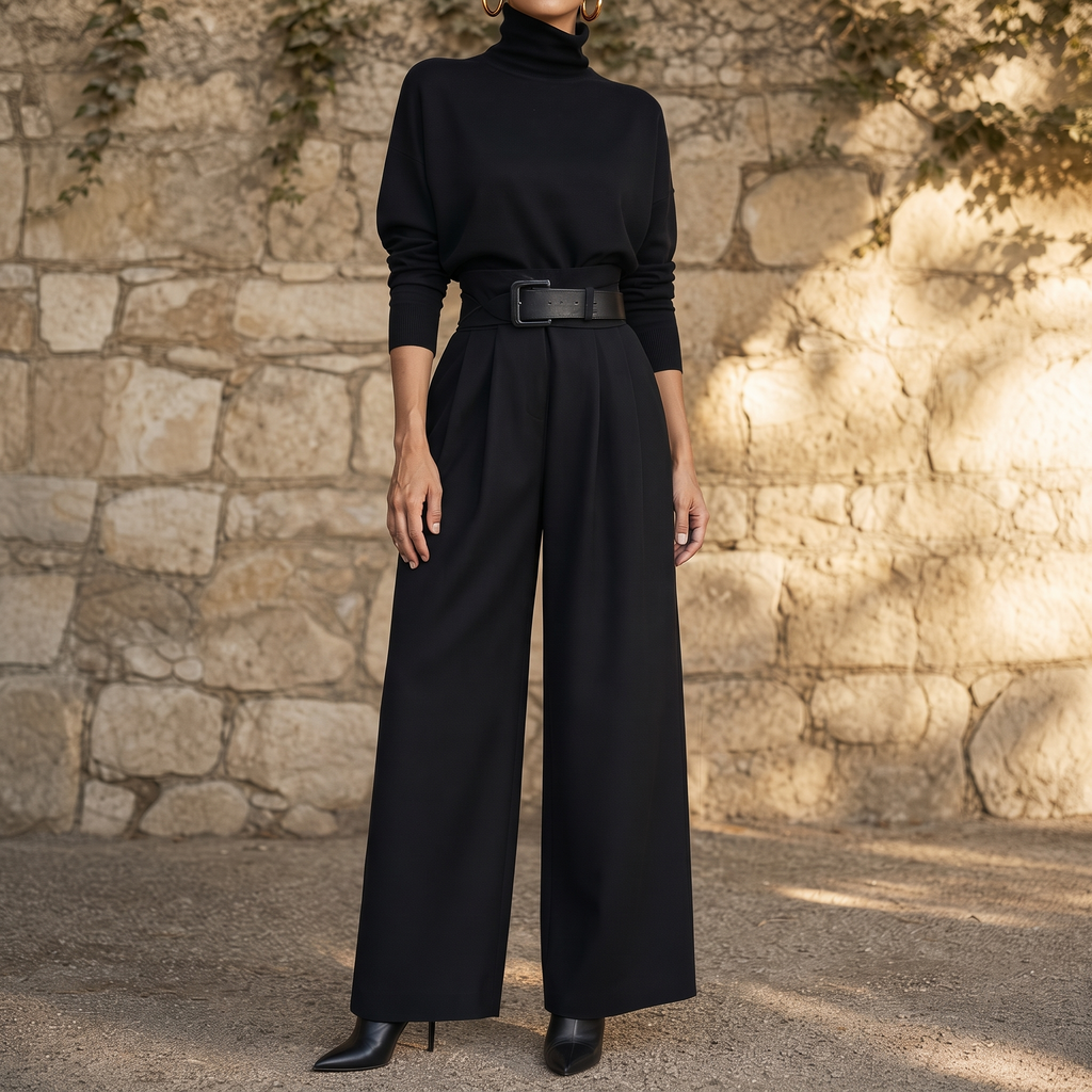 Poisevera – Belted High-Waist Turtleneck And Trouser Set