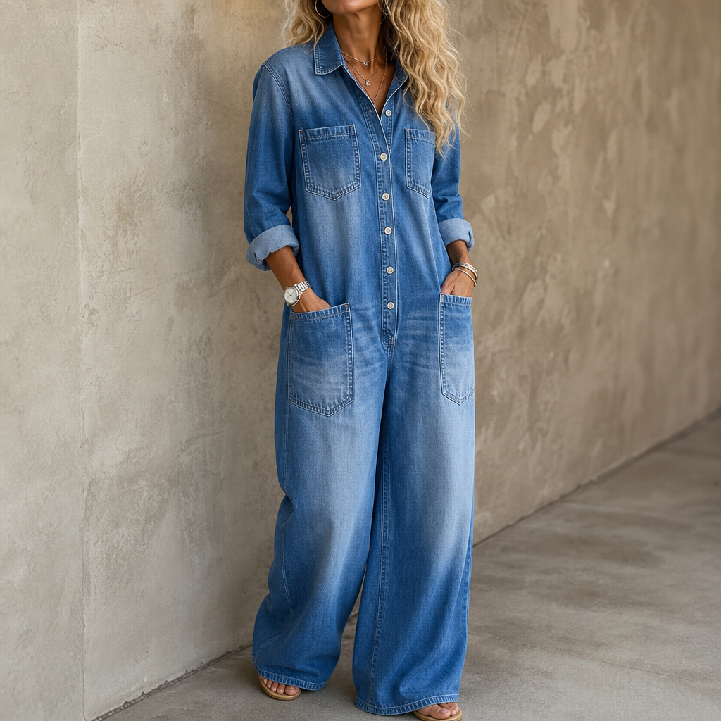 Onedress – Wide-Leg Button-Front Denim Jumpsuit