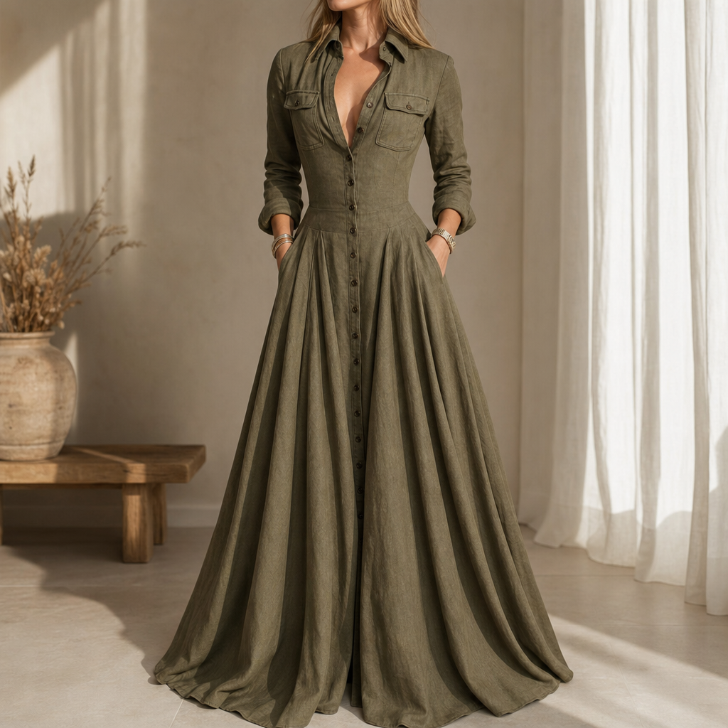 Verlana – Button-Front Lapel Collar Maxi Shirt Dress