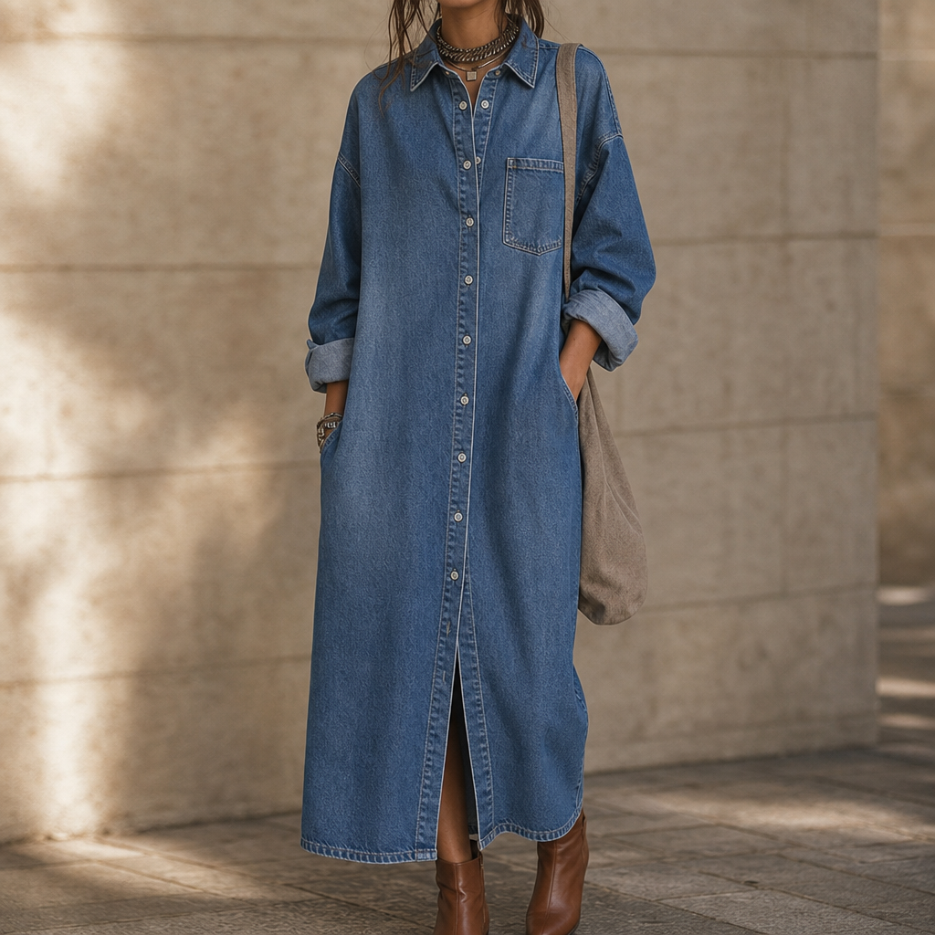 Wearlyn – Oversized Button-Front Denim Look Shirt Dress
