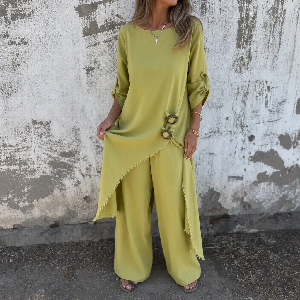 Effortlane – Asymmetric Hem Cotton-Linen Look Tunic Set