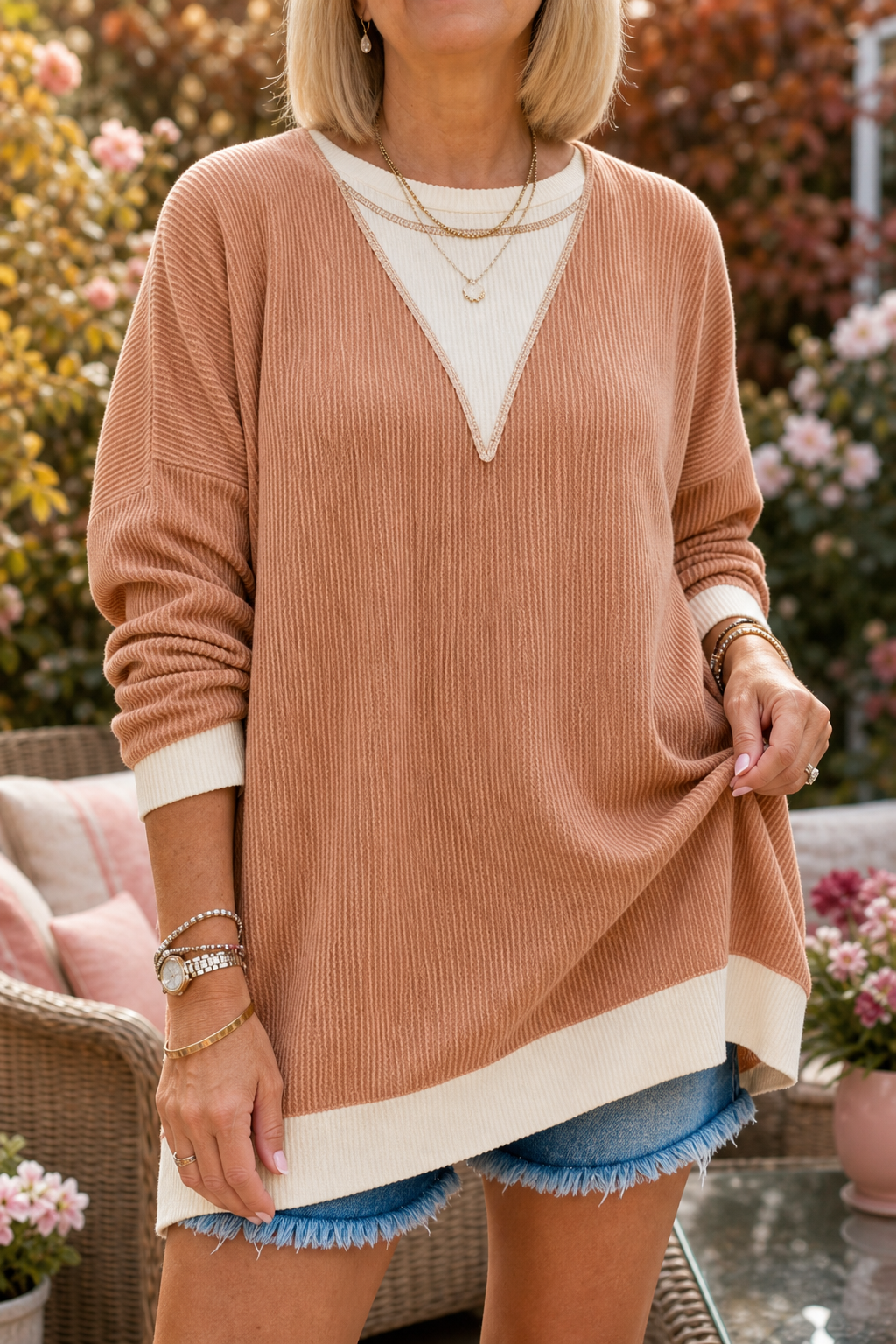 Corvella – Corded Colorblock Drop-Shoulder Sweater