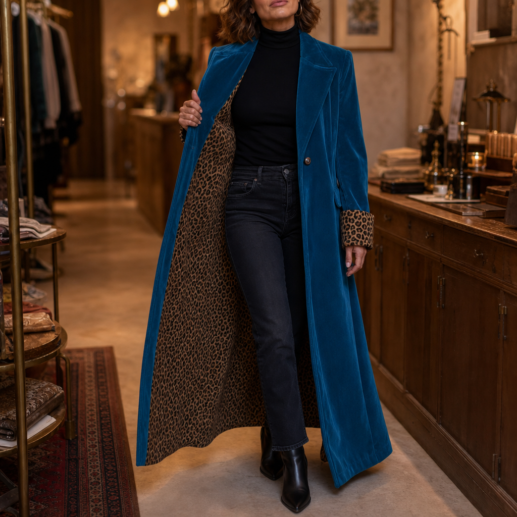 Velmora – Leopard-Lined Velvet Maxi Coat