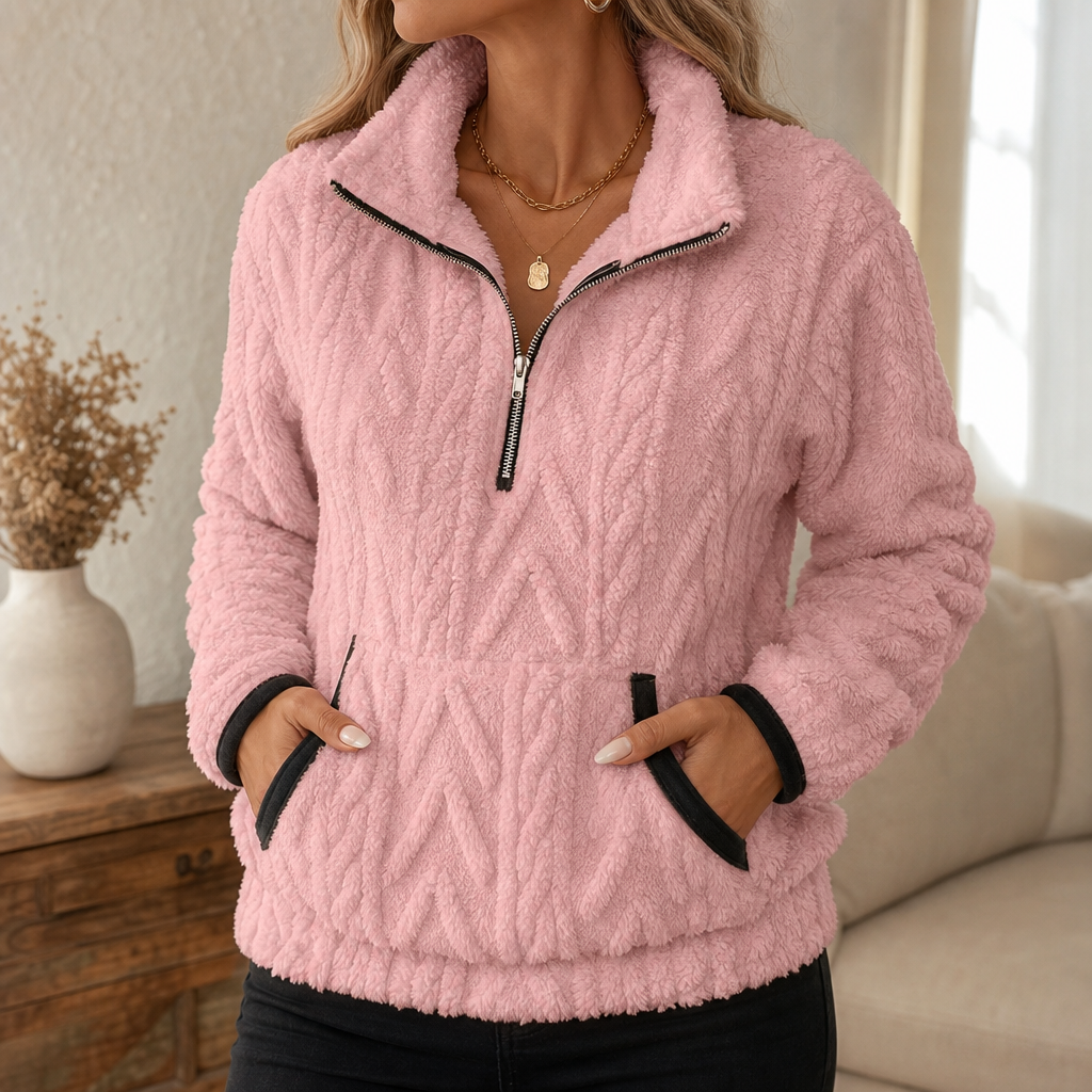 Cloudessa – Half-Zip Fuzzy Pullover With Kangaroo Pocket