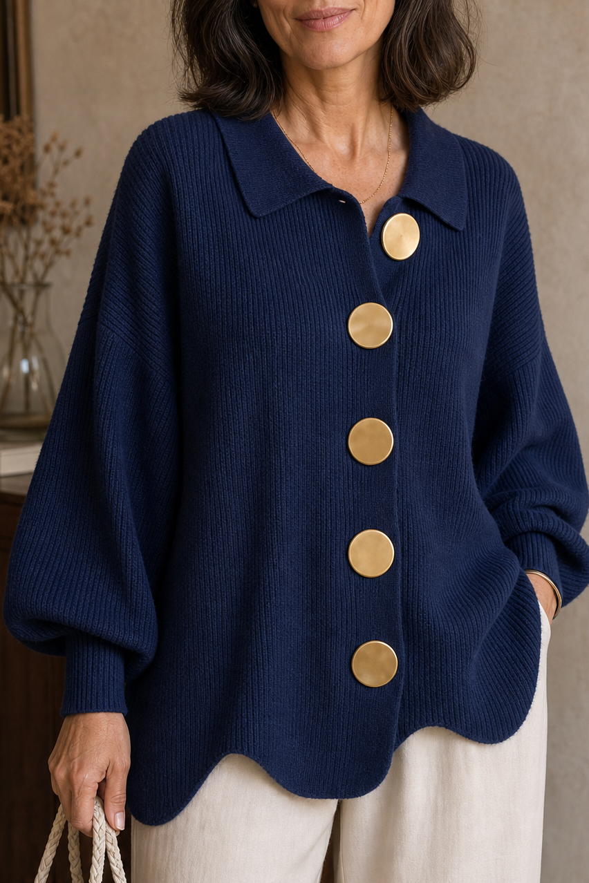 Wearbella – Oversized Scalloped-Hem Button Cardigan