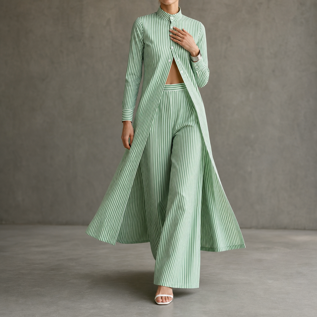 Wearbella – High-Low Striped Shirt And Wide-Leg Pants Set