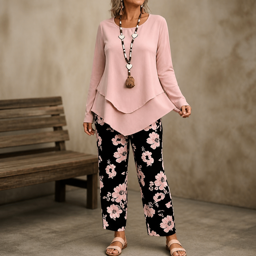 Wearbella – Double-Layer Top And Floral Wide-Leg Pants Set