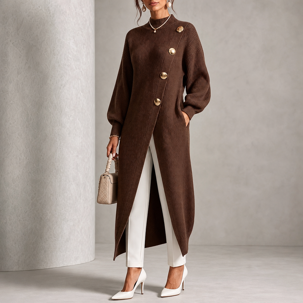Vivelle – Asymmetric Gold-Button Bishop Sleeve Cardigan