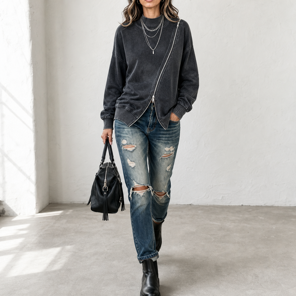 Slantwick – Diagonal Zip Drop-Shoulder Sweatshirt Jacket