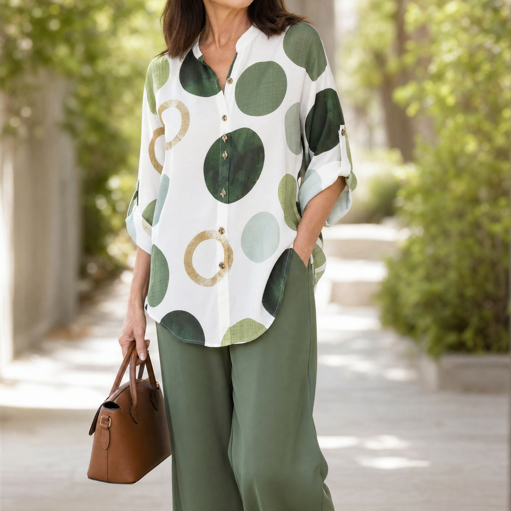 Monica – Women's Abstract Print 2-Piece Set, Blouse and Wide-Leg Trousers