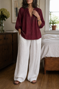 Amselle – Ruched Collar Blouse And Wide Leg Pants Set