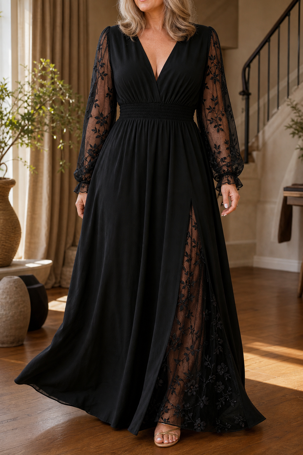 Wearbella – Lace-Sleeve A-Line Empire Waist Maxi Dress