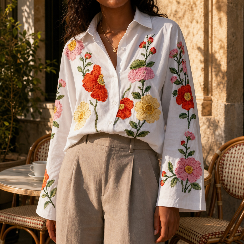 Lunabloom – Floral Embroidered-Look Lapel-Collar Blouse