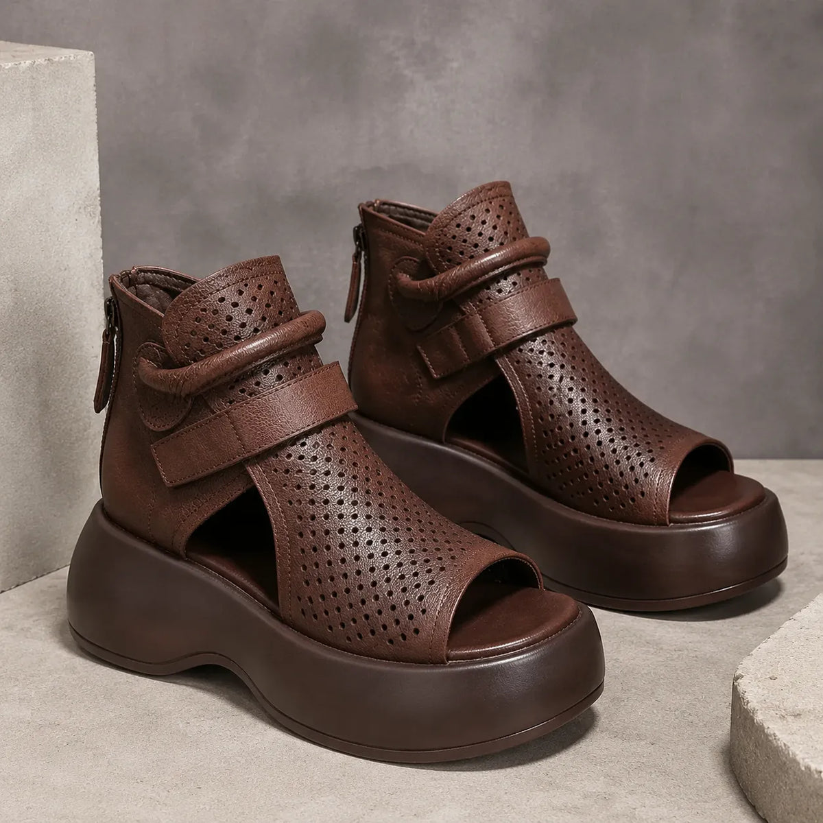 Terracora – Cut Out Platform Sandals with Back Zip, Cognac Espresso Beige