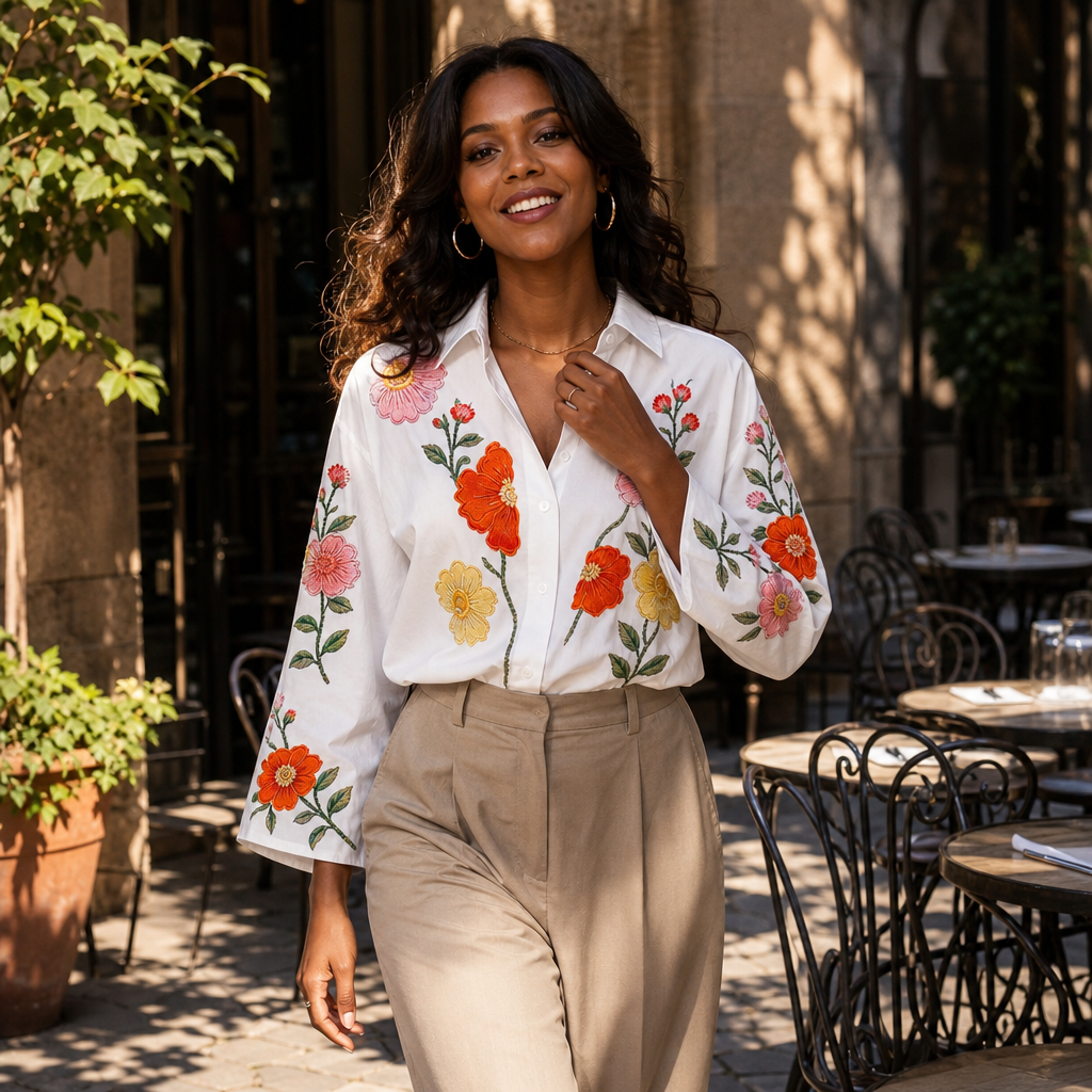 Lunabloom – Floral Embroidered-Look Lapel-Collar Blouse