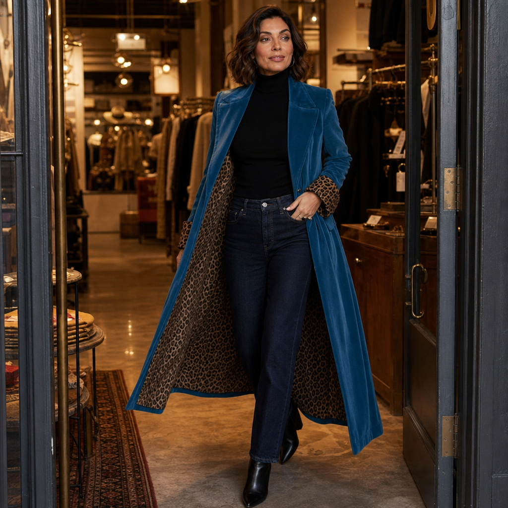 Velmora – Leopard-Lined Velvet Maxi Coat