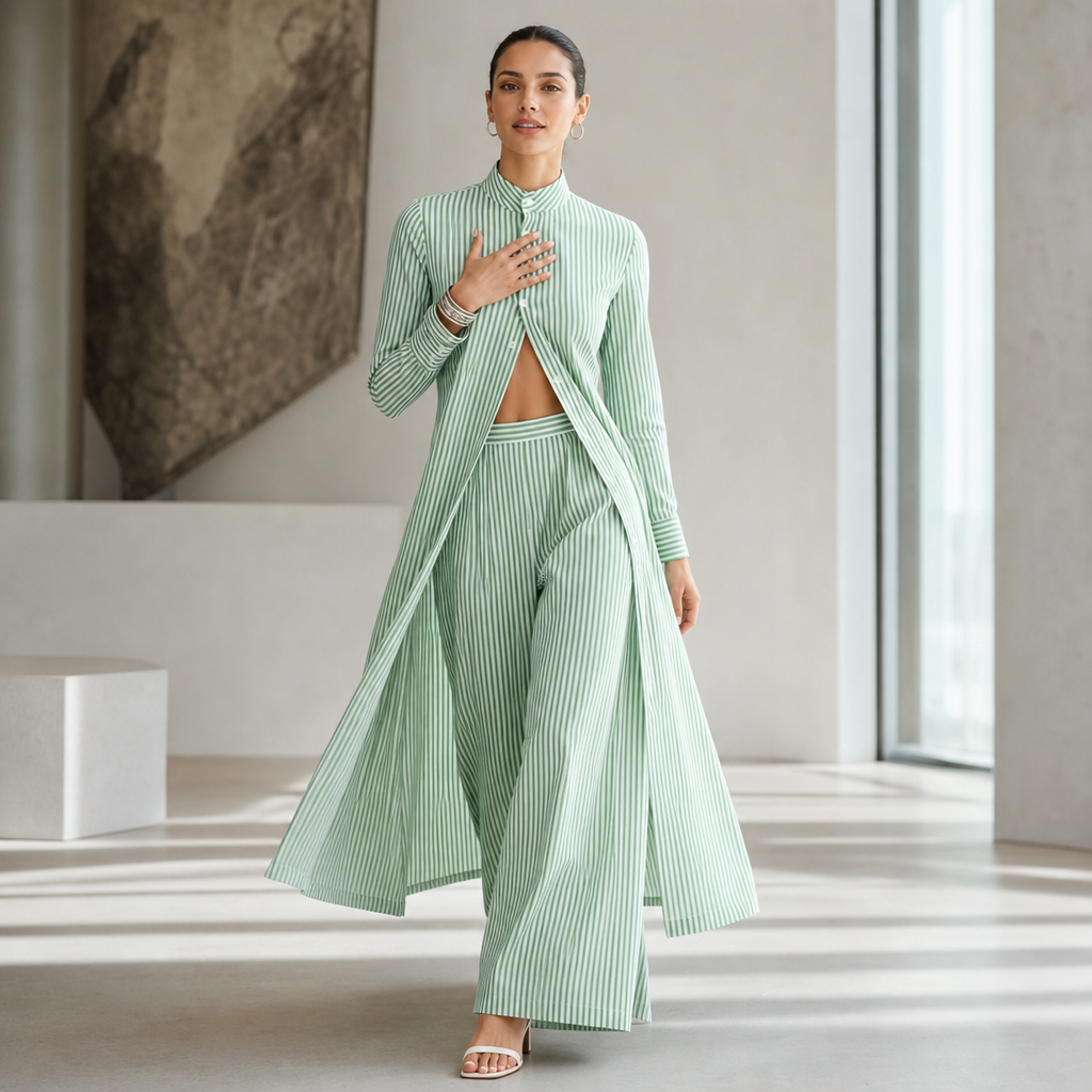 Wearbella – High-Low Striped Shirt And Wide-Leg Pants Set