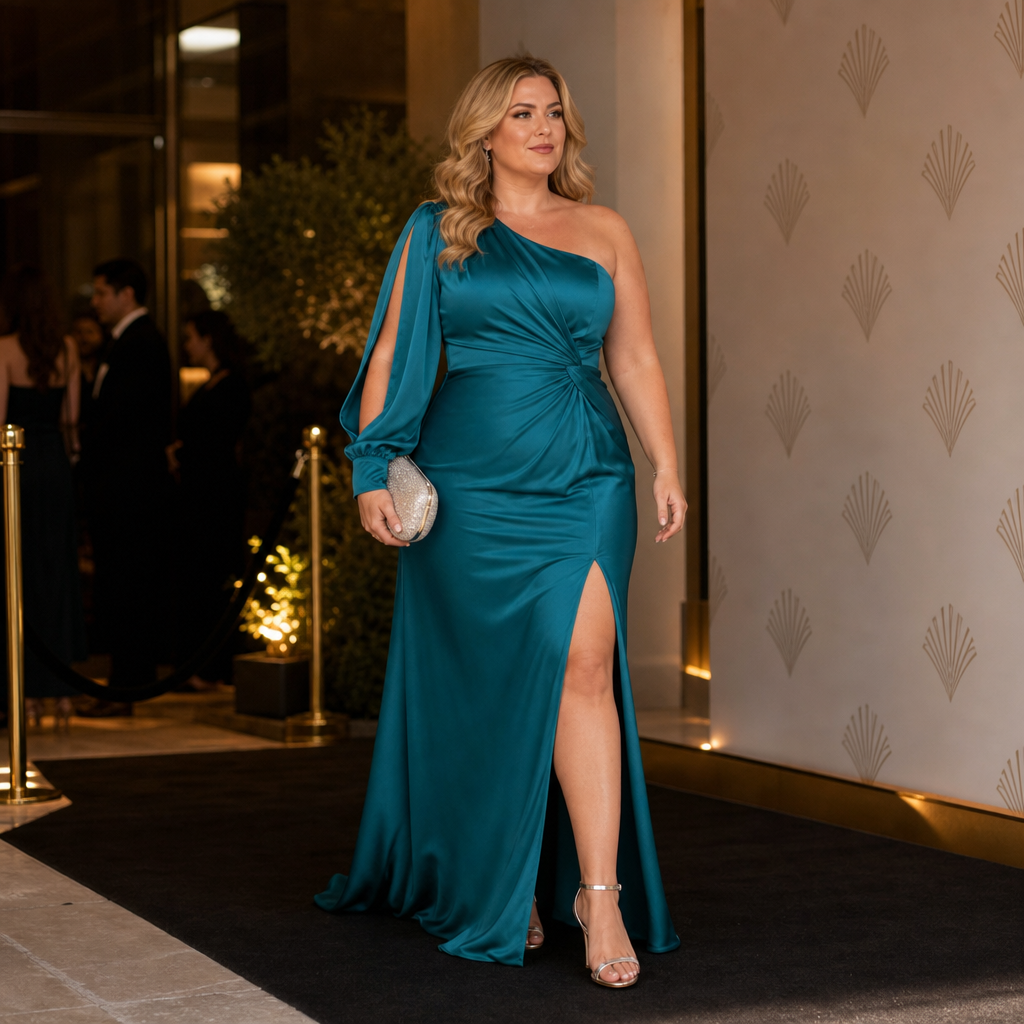 Sofia Belle – One-Shoulder Ruched Satin Gown
