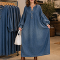 Denara – Lantern Sleeve Half-Button Denim Maxi Dress
