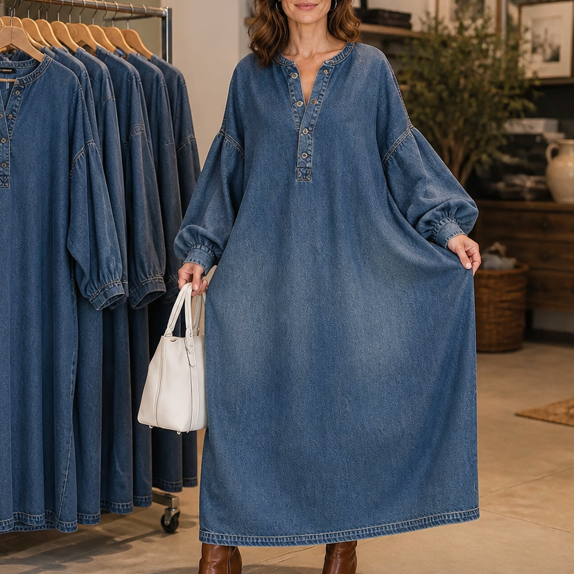 Denara – Lantern Sleeve Half-Button Denim Maxi Dress