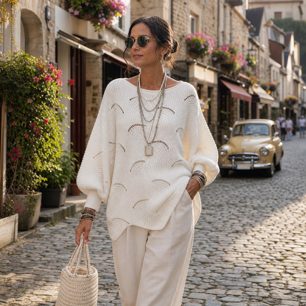 Wavelune – Openwork Wave-Knit Batwing Sweater