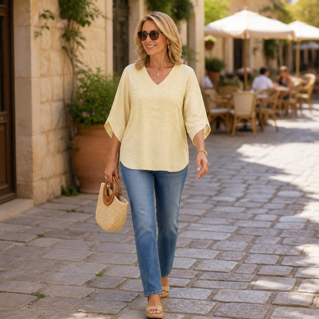 Wearbella – Embroidered V-Neck Lace Panel Blouse