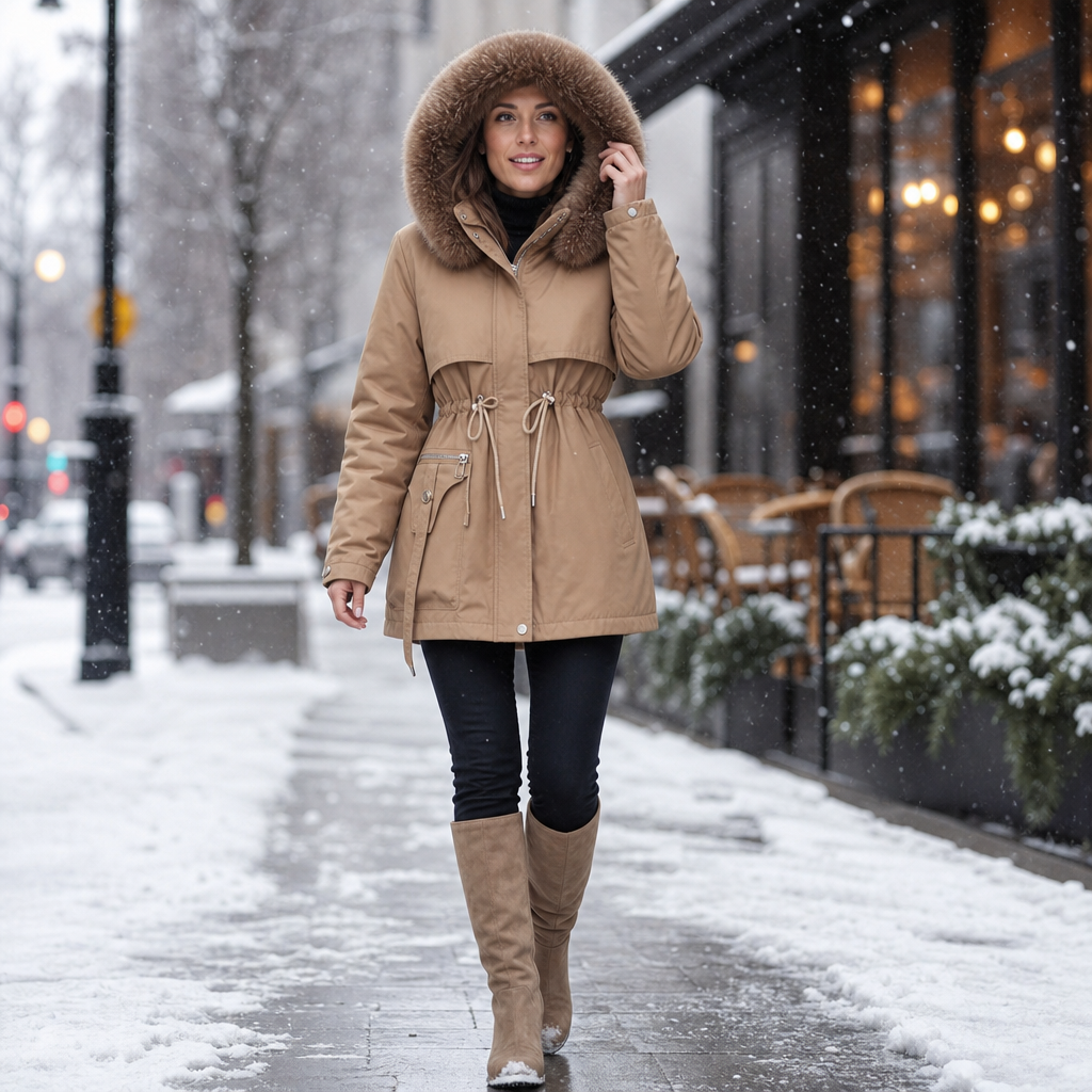 Veluxe – Fur-Trim Waist-Cinch Quilted Parka