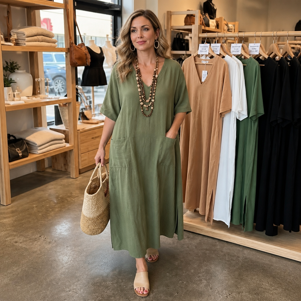 Marisole – Pocketed Loose-Fit V-Neck Maxi Dress