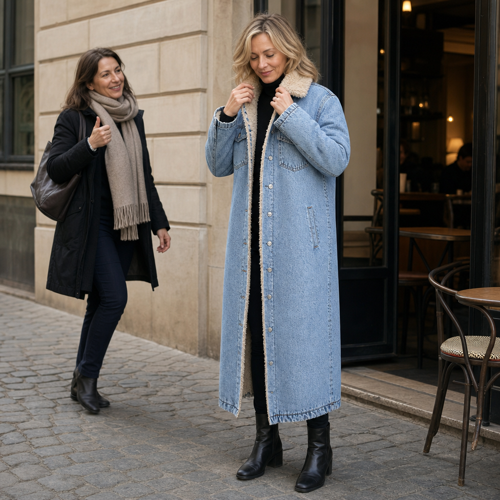 Denora – Sherpa-Lined Full-Length Denim Coat