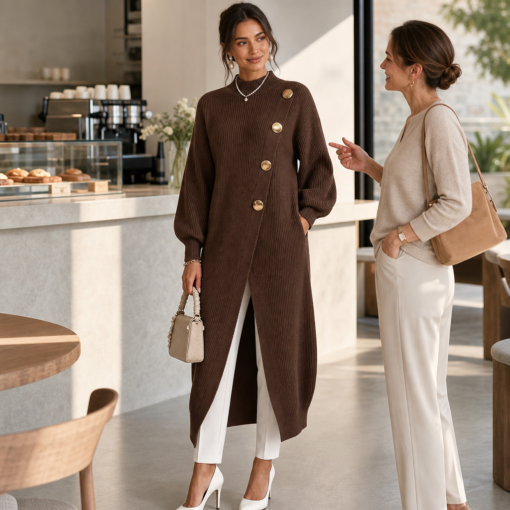 Vivelle – Asymmetric Gold-Button Bishop Sleeve Cardigan