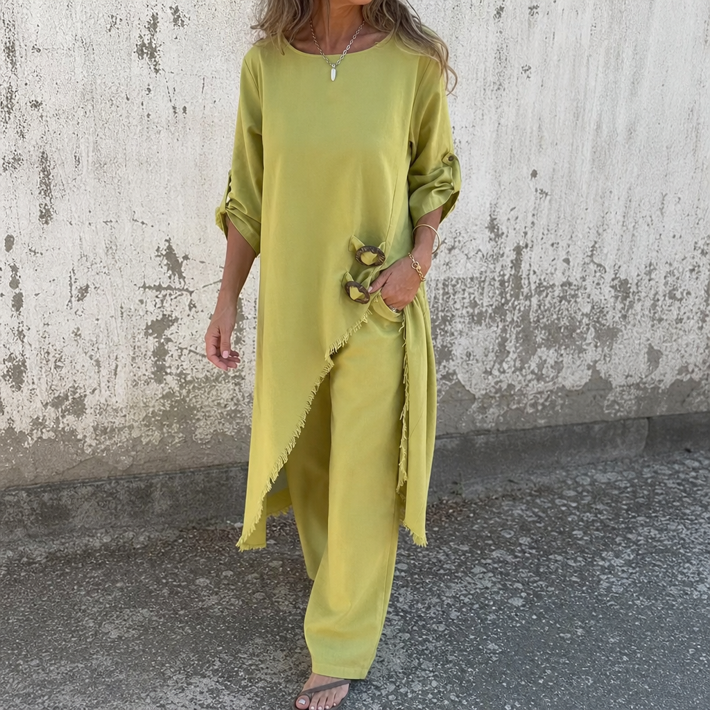 Effortlane – Asymmetric Hem Cotton-Linen Look Tunic Set