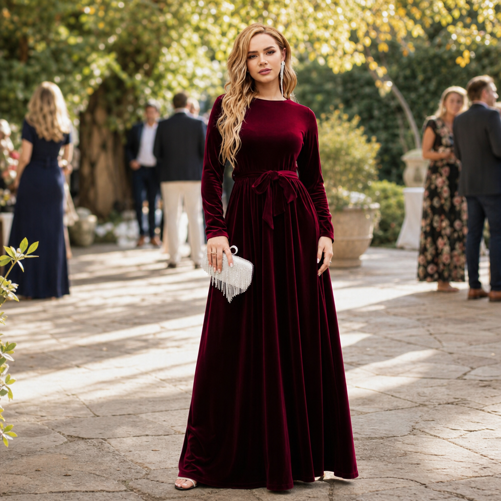 Velvora – Belted Velvet Look A-Line Maxi Dress