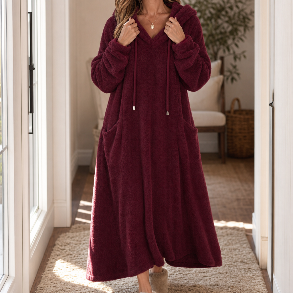 Wrapelle – Hooded Plush A-Line Maxi Lounge Dress