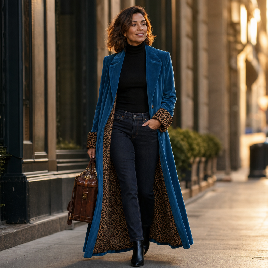 Velmora – Leopard-Lined Velvet Maxi Coat