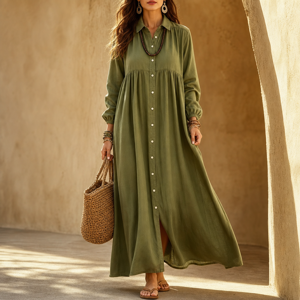 Linora – Button-Through Linen-Blend Maxi Shirt Dress