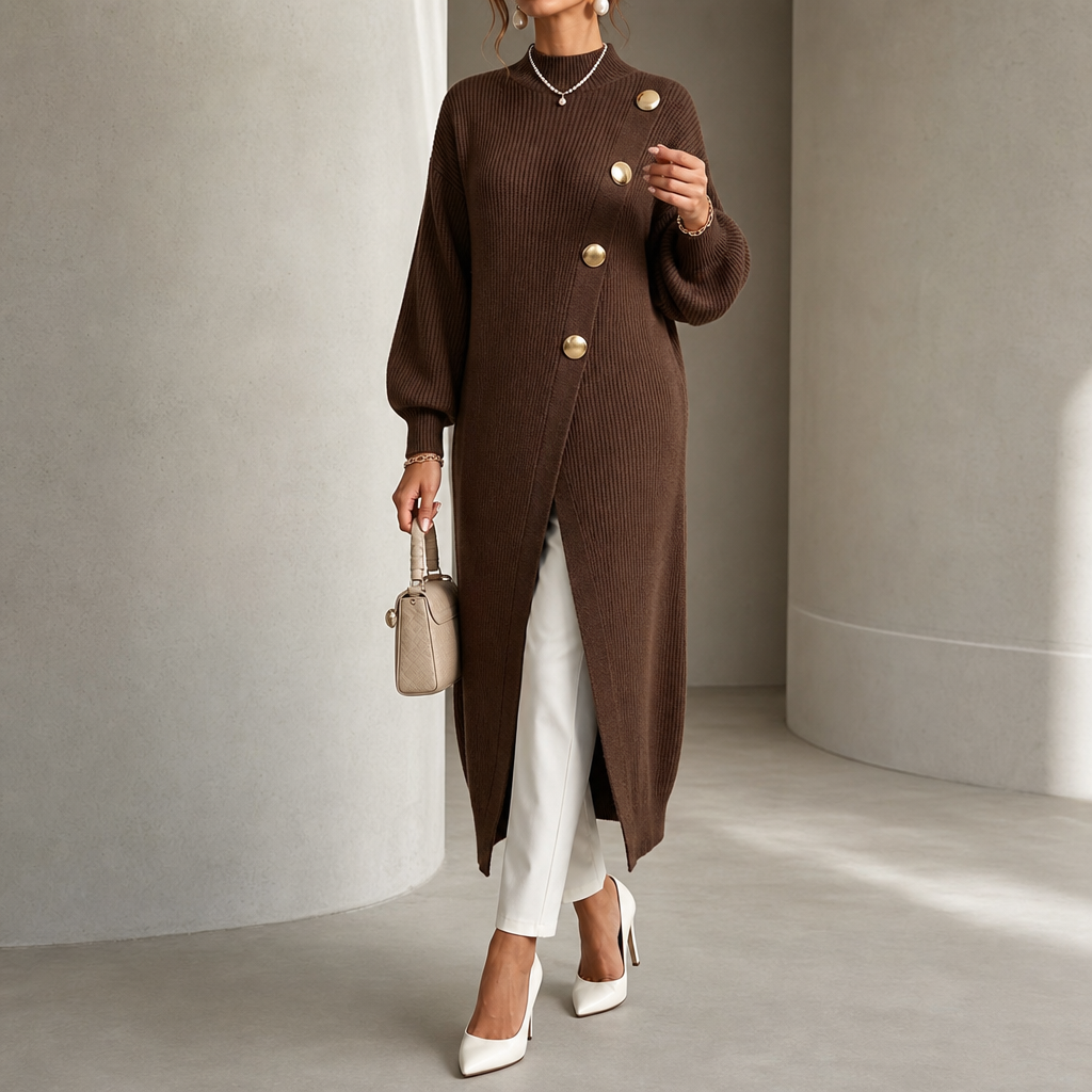 Vivelle – Asymmetric Gold-Button Bishop Sleeve Cardigan
