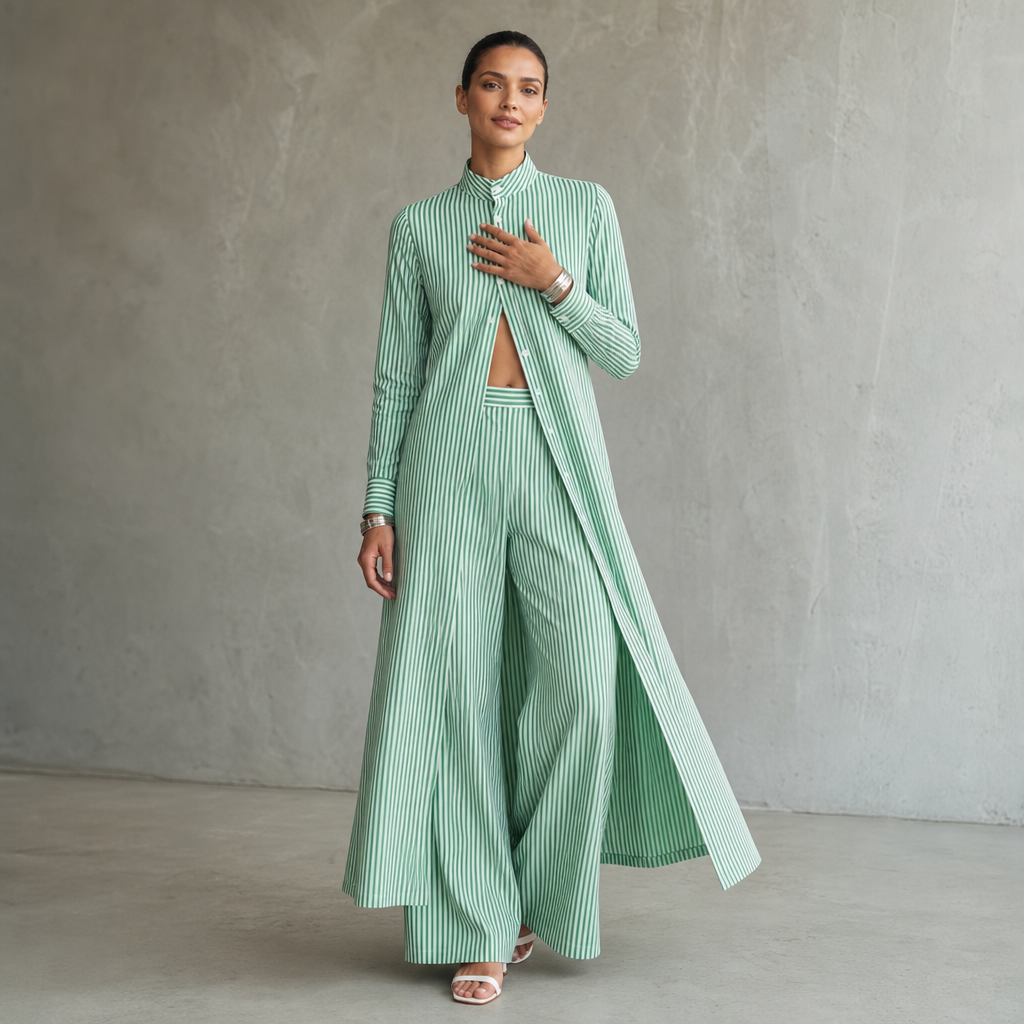 Wearbella – High-Low Striped Shirt And Wide-Leg Pants Set