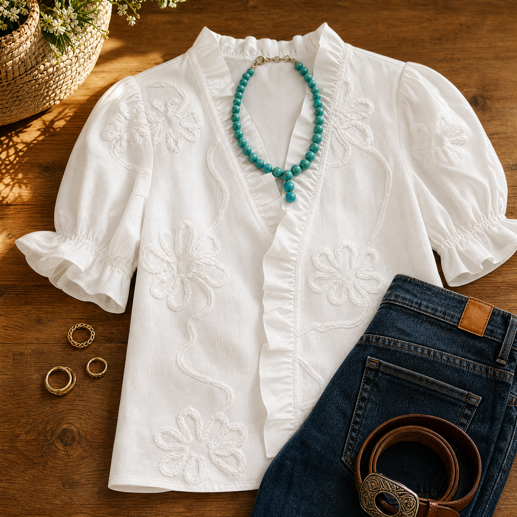 Belvera – Women's Romantic Ruffled V-Neck Blouse with Puff Sleeves