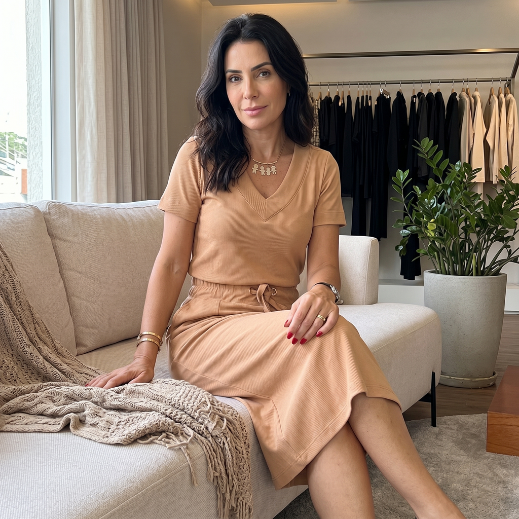 Saviya – Women's Ribbed V-Neck Top and Midi Skirt Set