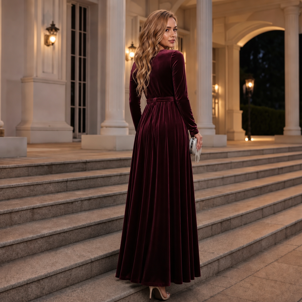 Velvora – Belted Velvet Look A-Line Maxi Dress