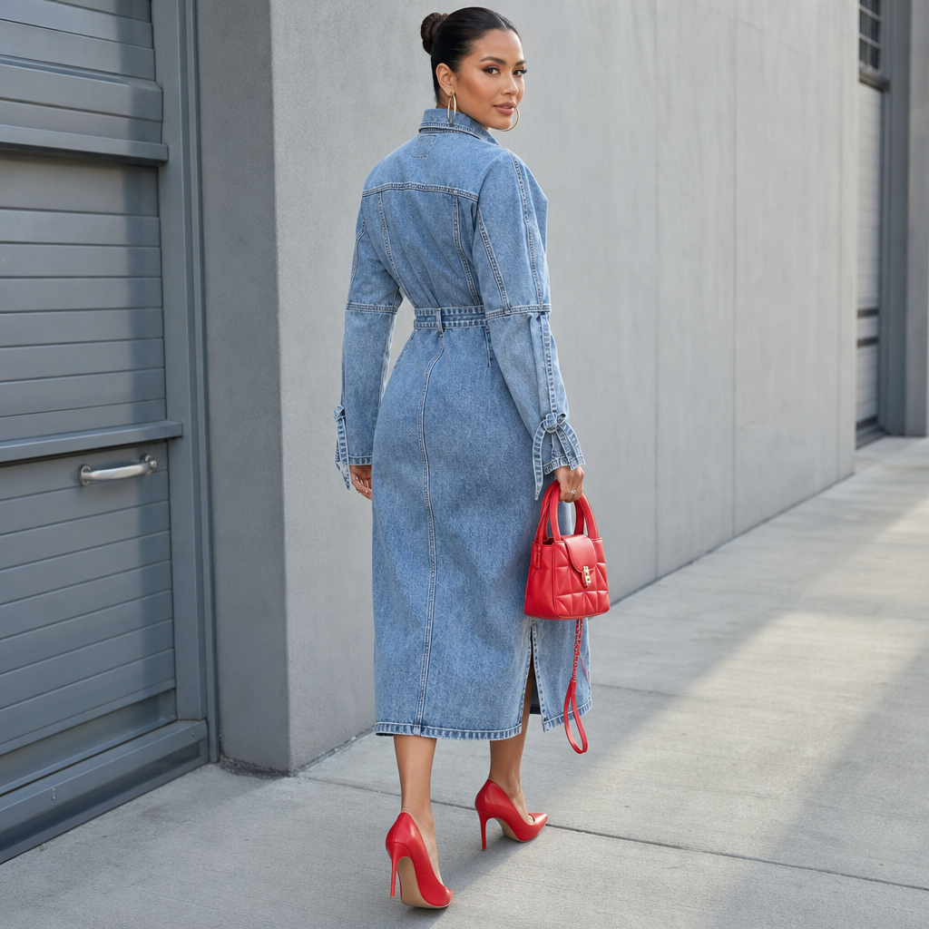Wearbella – Half-Zip Collared Tie-Cuff Midi Dress