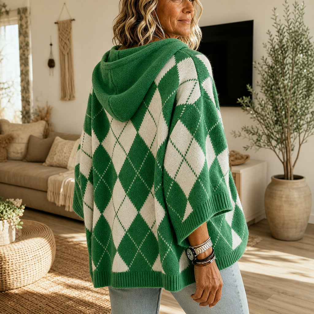 Wrapbella – Hooded Argyle Batwing Poncho Sweater
