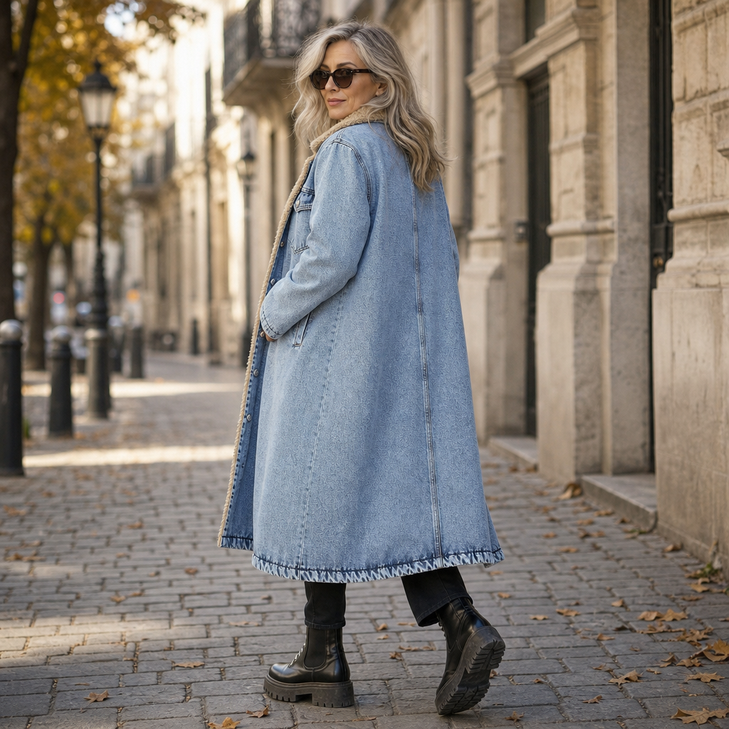 Denora – Sherpa-Lined Full-Length Denim Coat