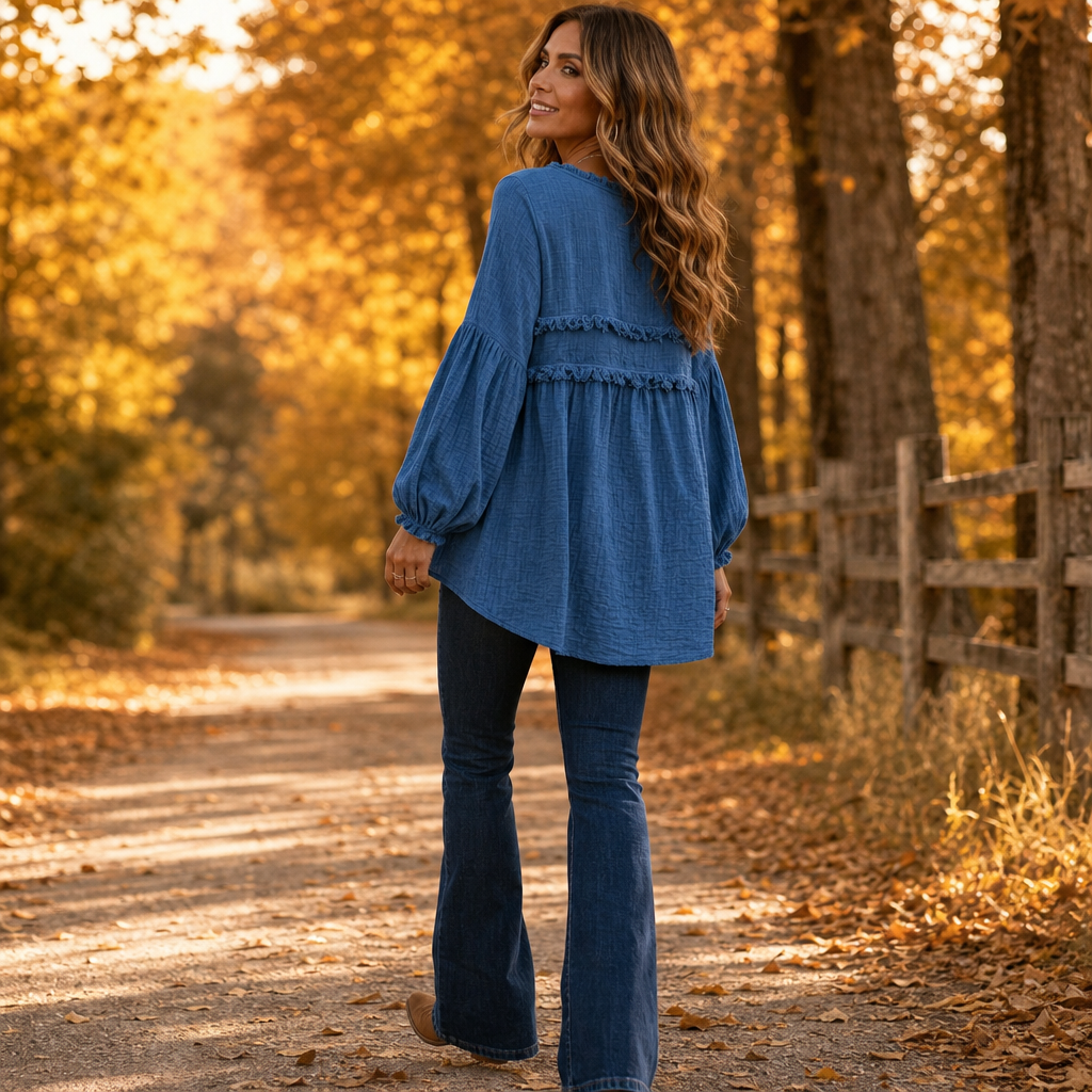 Wovella – Fringe-Trim Pleated-Sleeve Boho Blouse