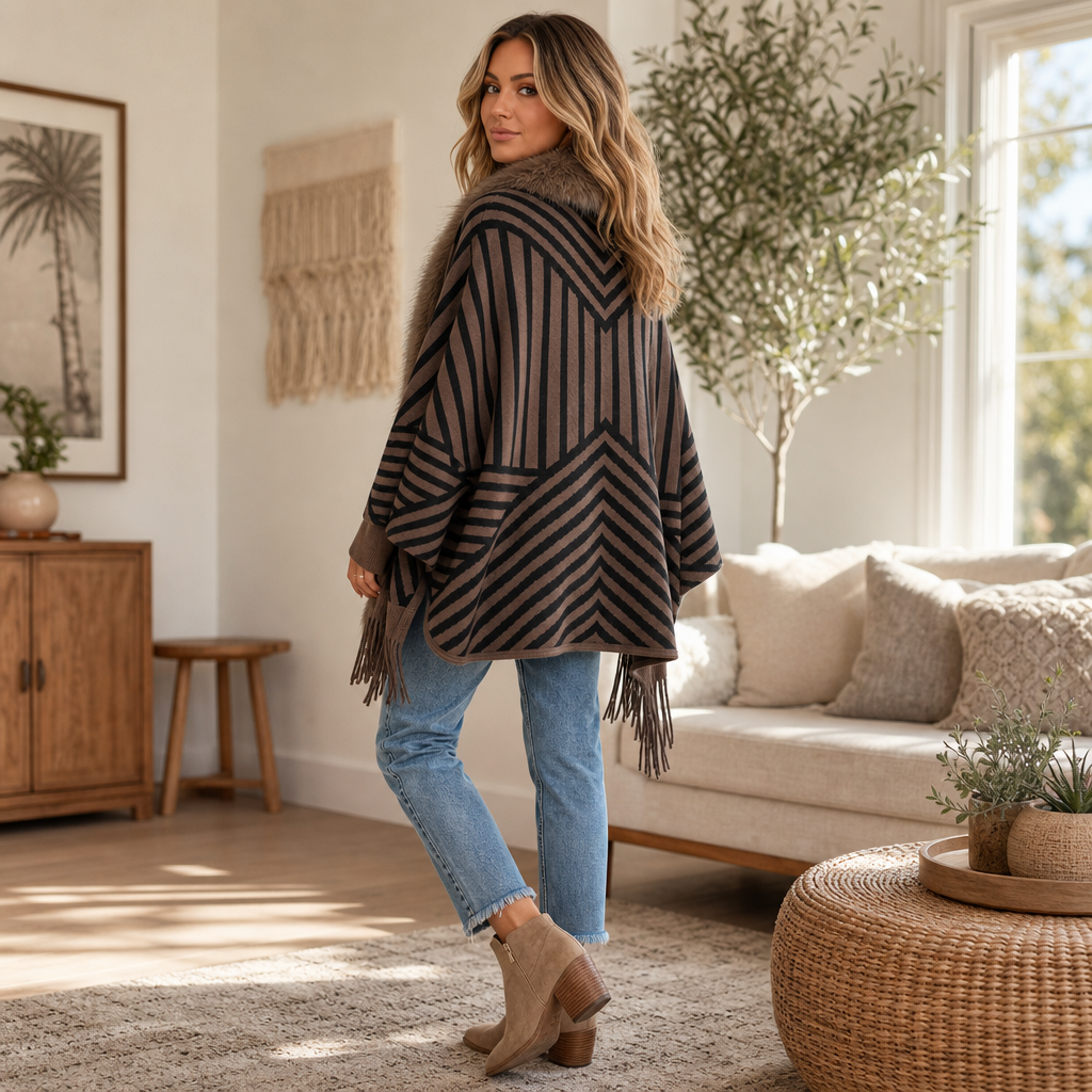 Velmora – Fringed Faux Fur Poncho Cardigan