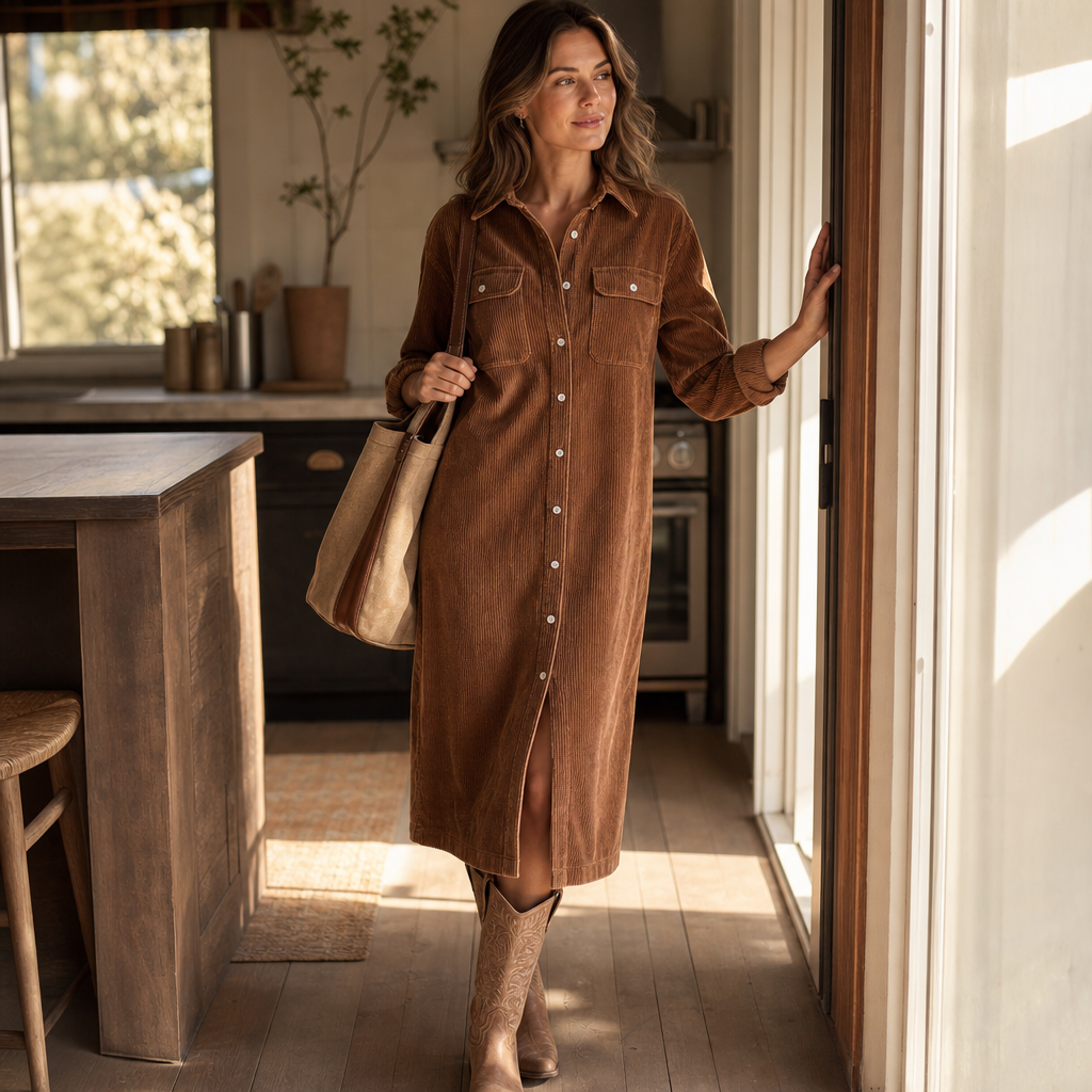 Corvella – Ribbed Corduroy Button-Front Shirt Dress