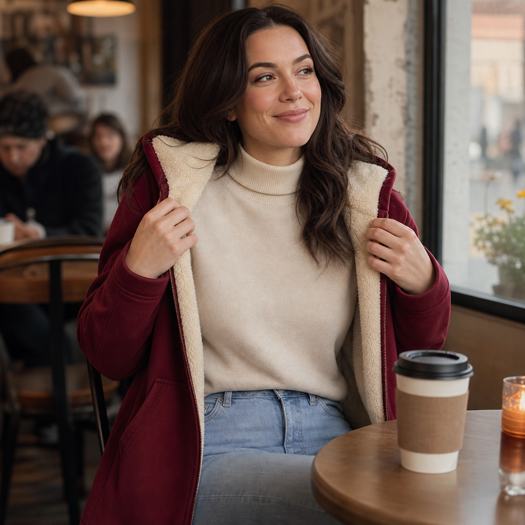 Cozelle – Fleece-Lined Look Hooded Mid-Length Jacket
