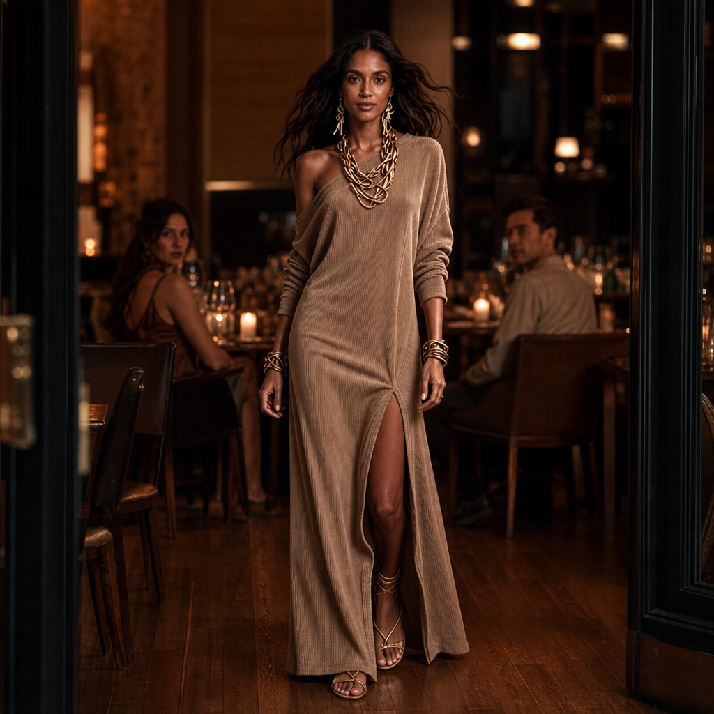 Vaelora – One-Shoulder Ribbed Thigh-Slit Maxi Dress